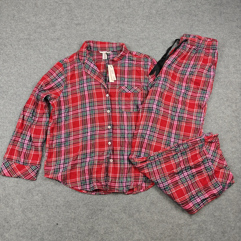 Victoria's Secret Pajama Set Womens Small Red Plaid Flannel Button Logo